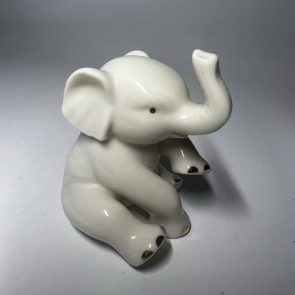 Lenox Ivory China Baby Elephant Sitting Figurine 24K Gold Accents Trunk Up Lucky